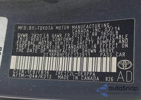 2014 Toyota Corolla Le Eco Plus z USA, uszkodzony, nr VIN 2T1BPRHE5EC133911